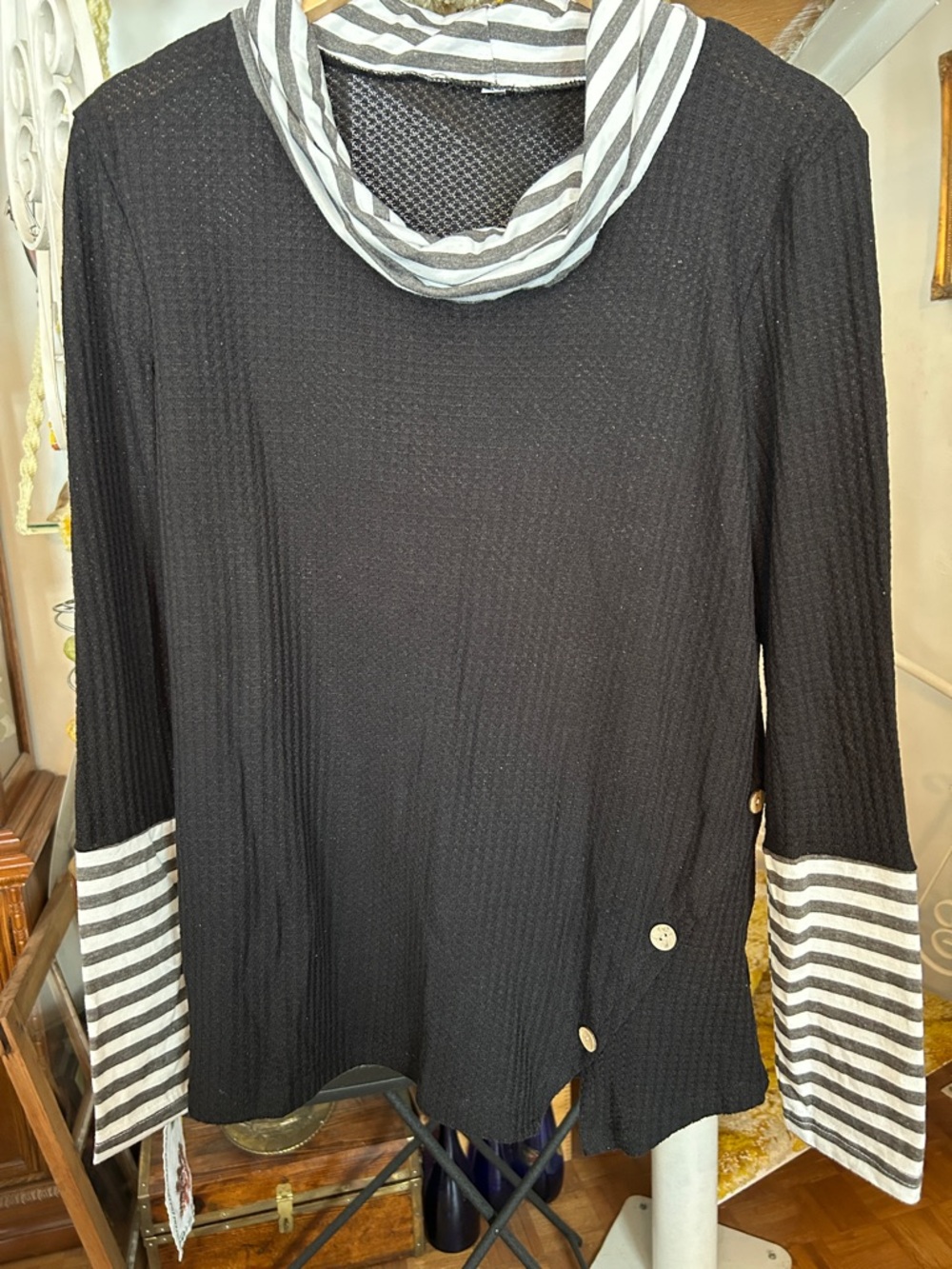 Black Women's Cowl Neck Sweater with Striped Accents
